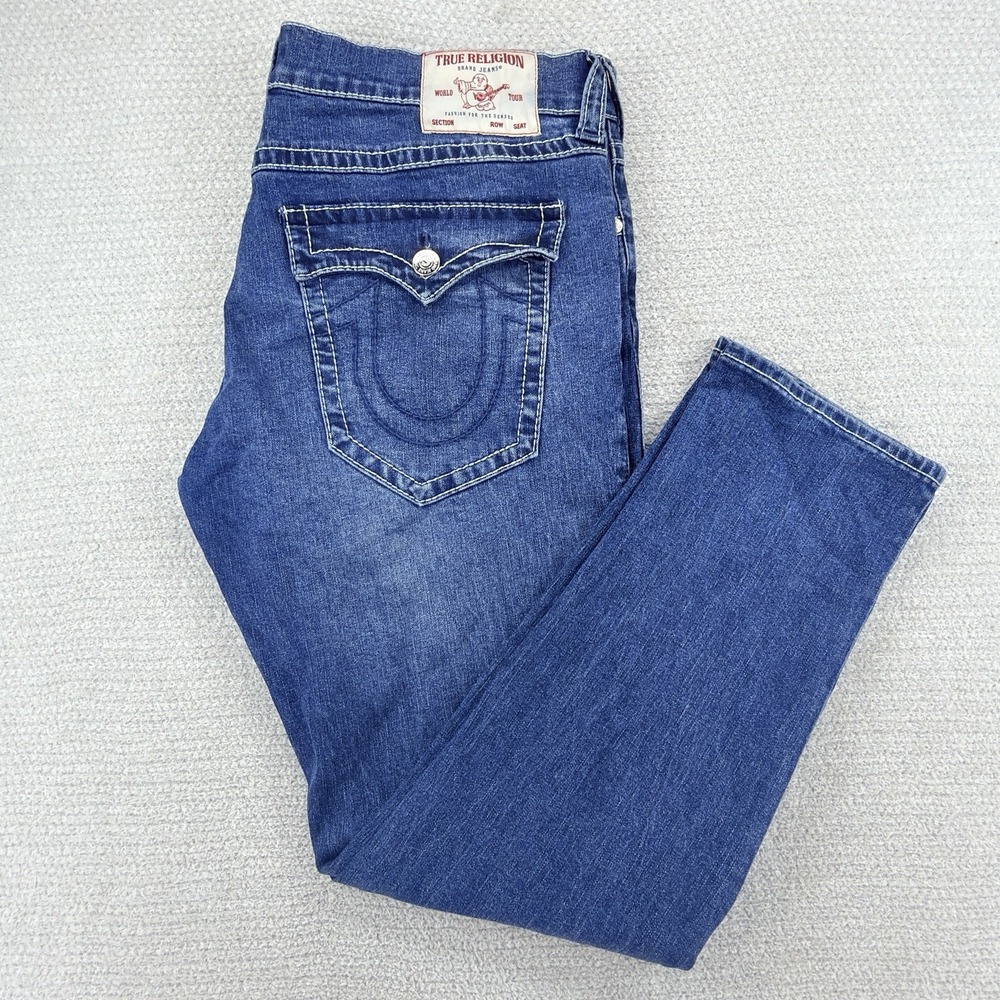 True Religion Rocco Jeans Mens 40x31 Blue Relaxed Skinny Flap Pockets Stretch